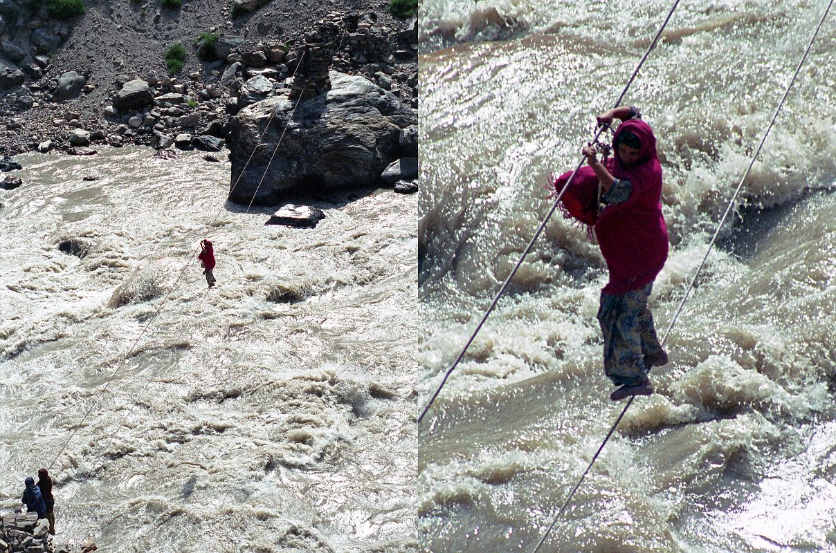 01 Woman Crossing Roaring Astor River Standing On Single Wire As we drove up the Astor Valley from Tarashing towards the Karakoram Highway, I was shocked to see a woman crossing the roaring Astor River standing on a single wire, holding another wire above her.
